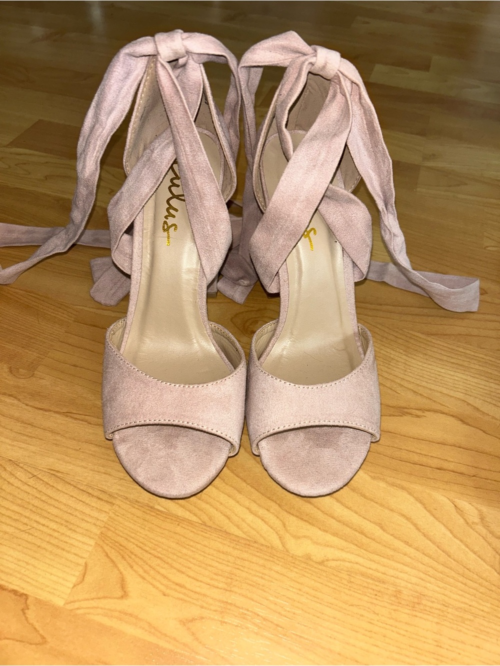 Lulu’s Tie Ankle Suede Heels in Dusty Pink